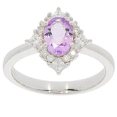 Elegant oval purple amethyst sterling silver ring with moissanite accents, perfect for luxurious style.